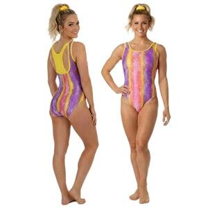 Satara VTG Racerback Rainbow Foiled Leotard Yellow Pink Juniors M (AS Petite)